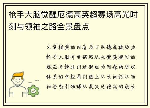 枪手大脑觉醒厄德高英超赛场高光时刻与领袖之路全景盘点 枪手大脑觉醒厄德高英超赛场高光时刻与领袖之路全景盘点